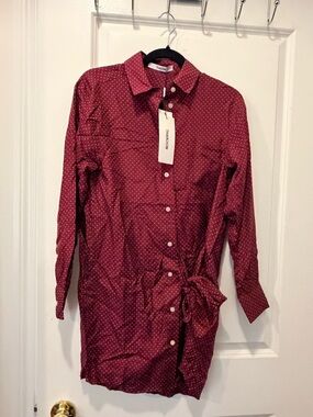 NWT Thakoon 100% Silk Polkadot Red Wrap Tie Shirt Dress - Small